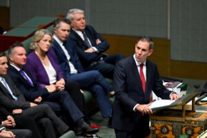 Australian Treasurer Jim Chalmers delivers the 2024/25 Budget statement in the House of Representatives at Parliament House in Canberra, Tuesday, May 14, 2024. Australian Treasurer Jim Chalmers will hand down his third budget today.