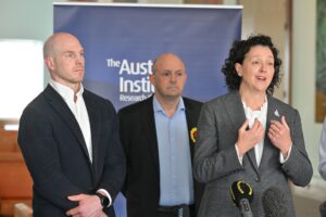 Independent senator David Pocock, Australia Institute Executive Director Richard Denniss and Independent Member for Kooyong Monique Ryan at a press conference at Parliament House in Canberra, Thursday, May 30, 2024.